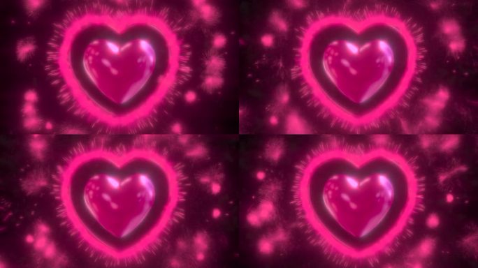 粉红色的心脏跳动与粒子爆炸，火花，烟花爆炸和烟雾。