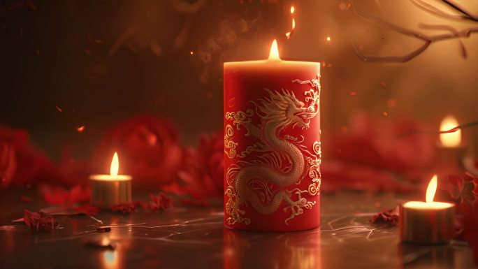 龙年红色龙纹蜡烛场景