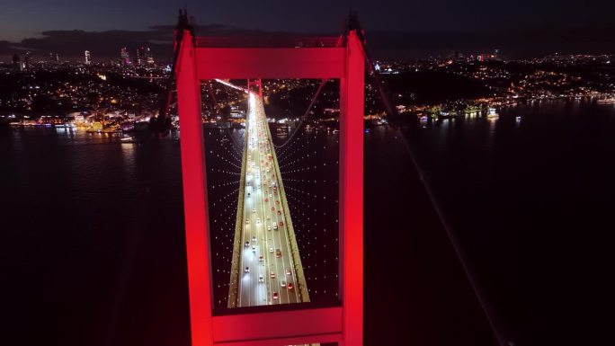 空中博斯普鲁斯海峡的夜晚宁静:空中奥德赛在7月15日烈士桥和黄昏伊斯坦布尔的欧洲一侧
