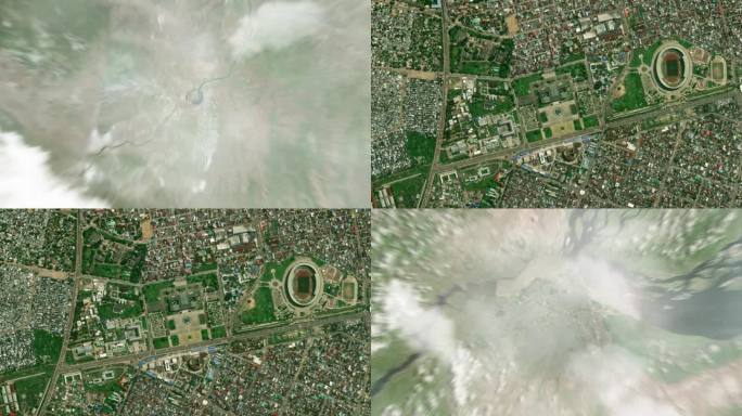 地球从太空放大到刚果金沙萨人民宫。接着是通过云层和大气层进入太空。卫星的视图。旅游介绍