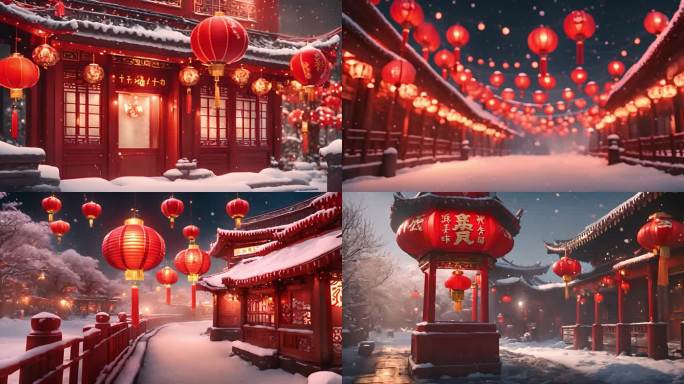 中式红色灯笼过年雪天