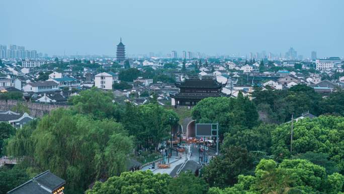 4K城市延时 苏州阊门和北寺塔日转夜夜景