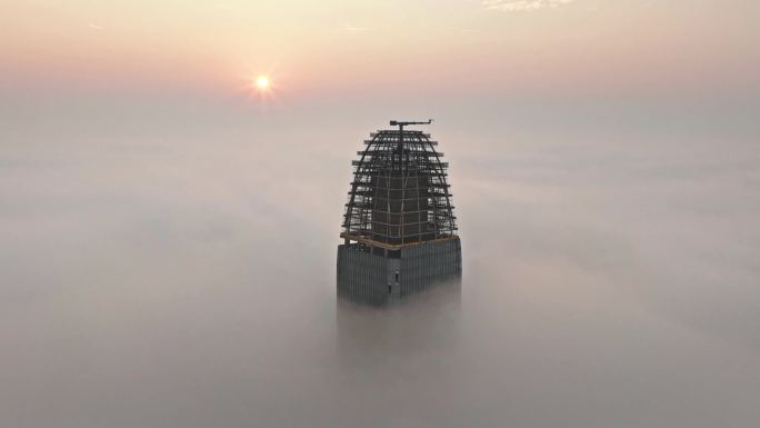 4k白领氏高楼平流雾建筑云层之上延时海宁