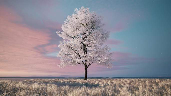冬天下雪草地水边一颗孤寂的大树唯美意境1