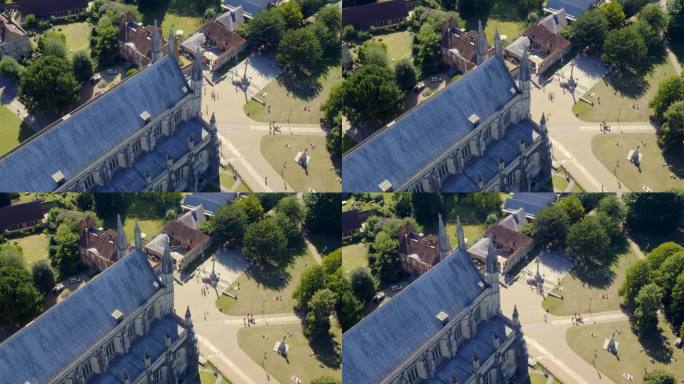 无人机降落在温彻斯特大教堂上空，拍摄于英国汉普郡的夏季。