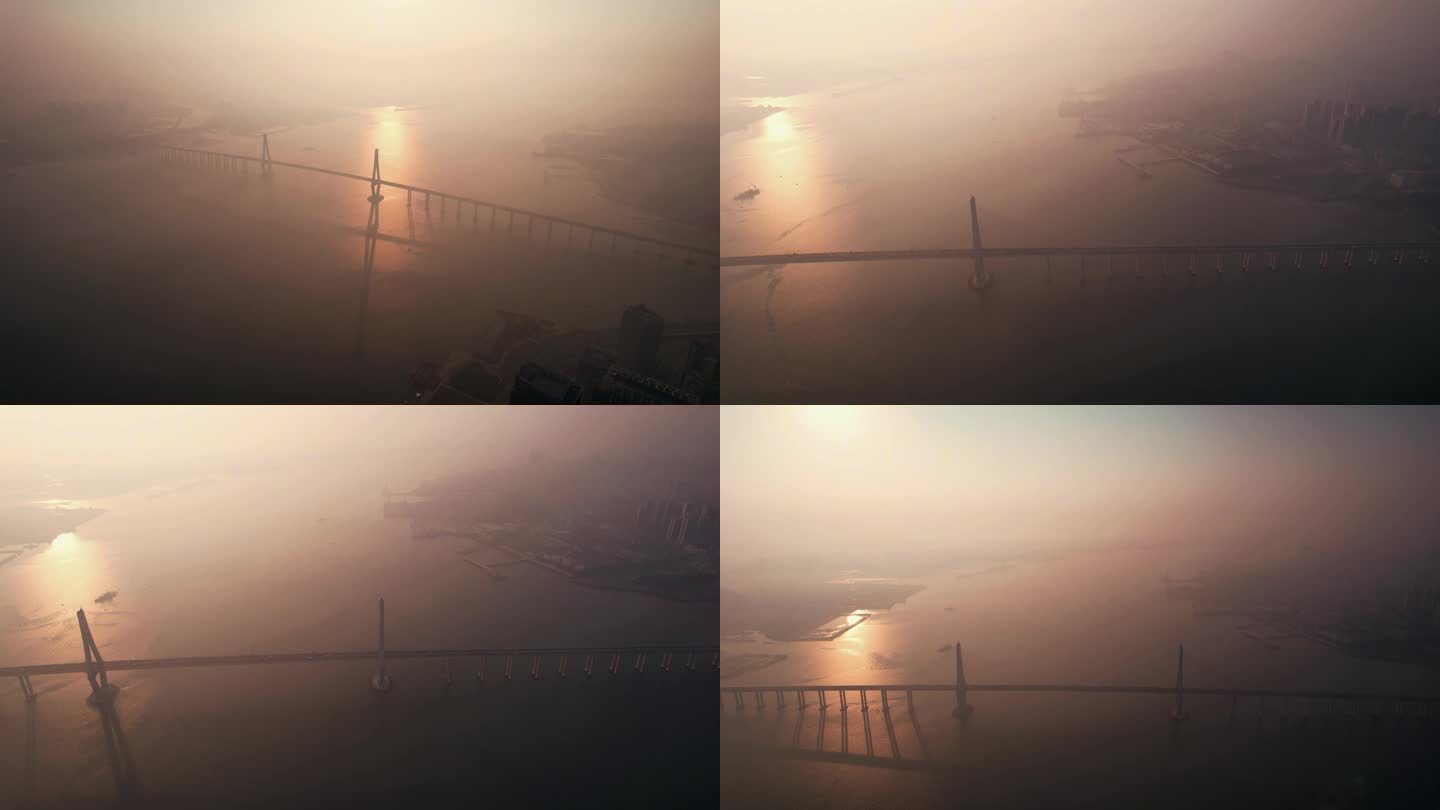 广东湛江海湾大桥清晨迷雾航拍