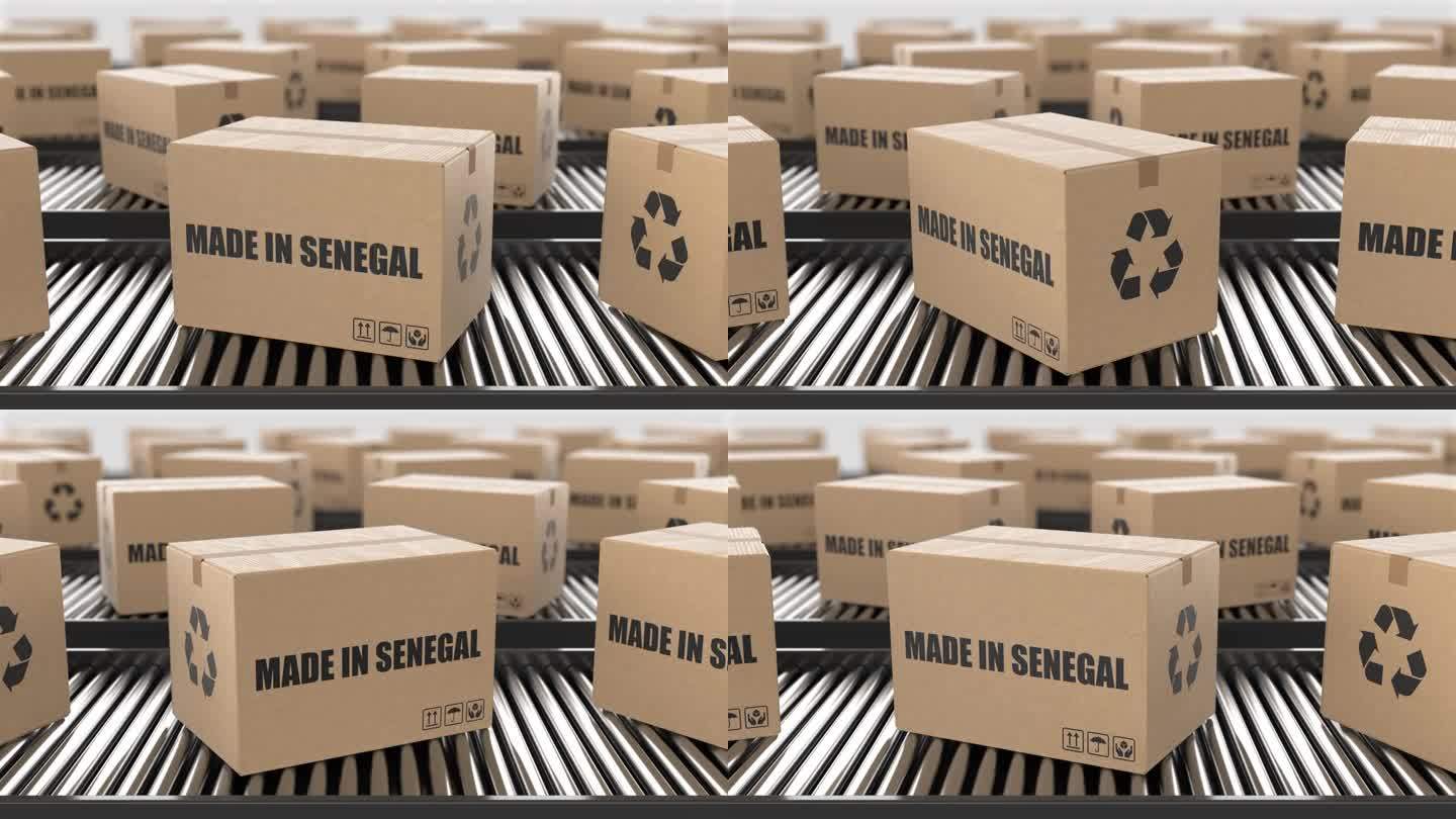 带有塞内加尔制造文字的纸箱在滚筒输送机上。工厂生产线仓库。制造出口或交付概念。3D渲染动画。无缝循环