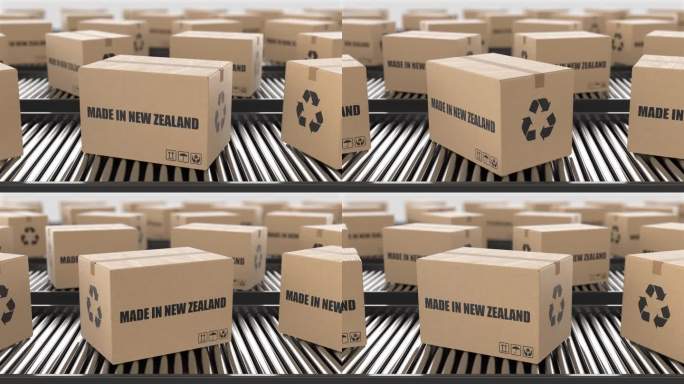 纸板箱与新西兰制造的文字在滚筒输送机上。工厂生产线仓库。制造出口或交付概念。3D渲染动画。无缝循环