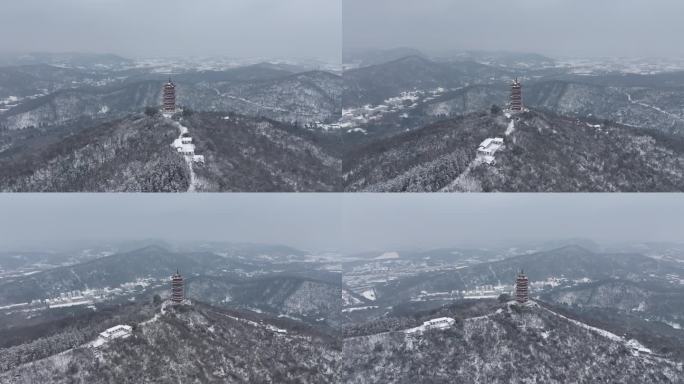 航拍襄阳古隆中风景区隆中山腾龙阁冬天雪景