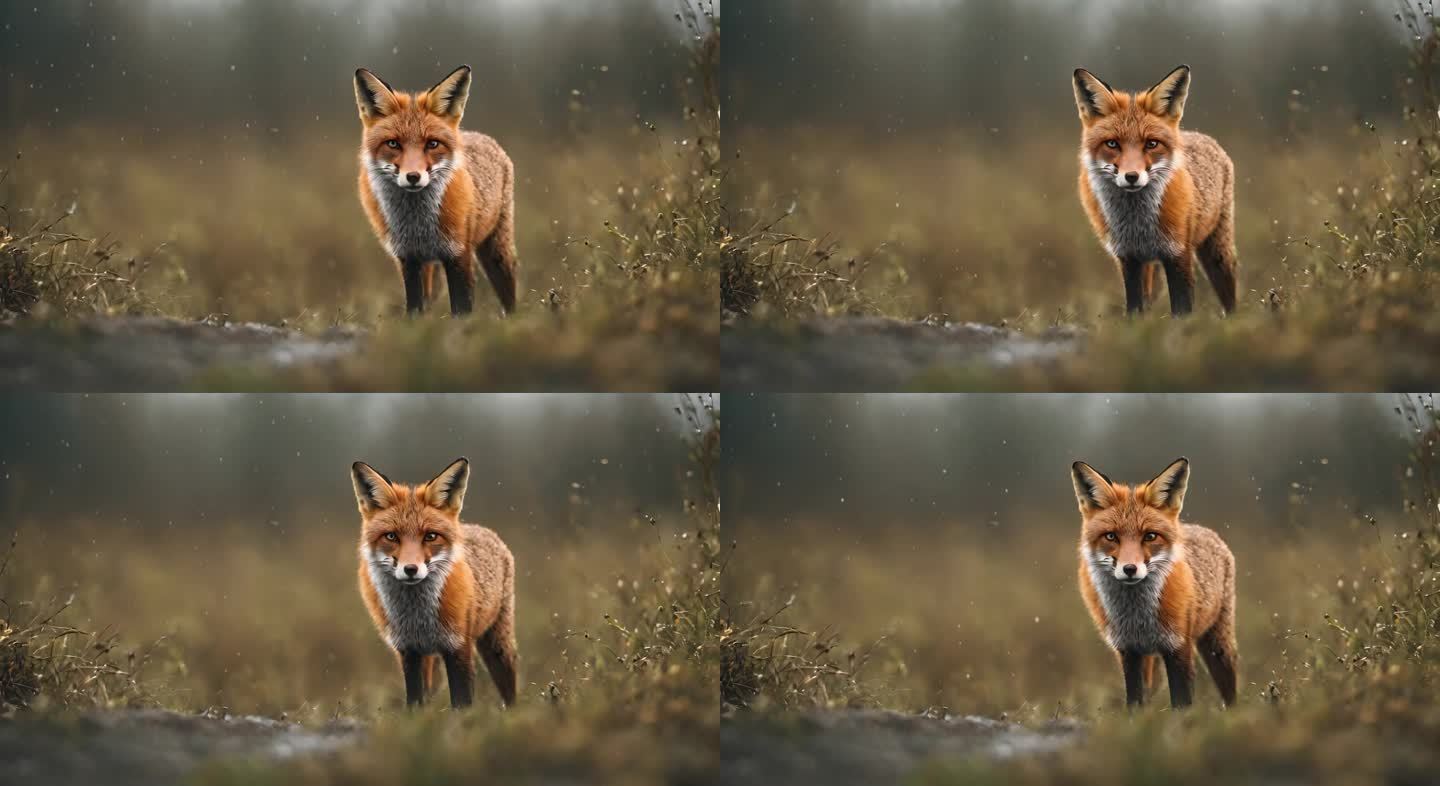 雨中凝视的狐狸电影感高清镜头
