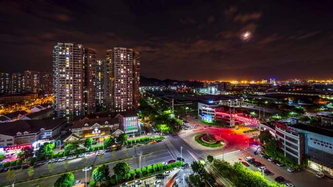 厦门自贸区夜景月亮延时摄影