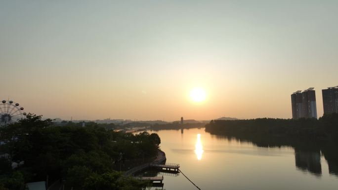 惠东县西枝江航拍青龙潭塔日落风景黄昏夕阳