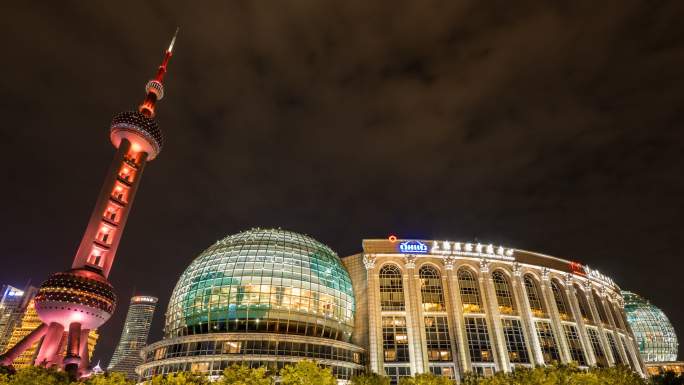 上海国际会议中心东方明珠夜景延时摄影