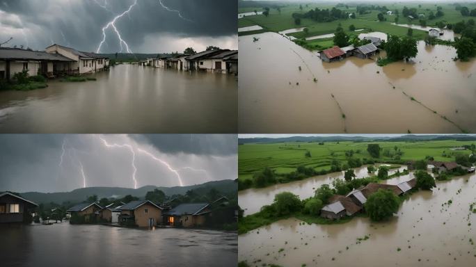 洪水淹没村庄暴雨洪水自然灾害