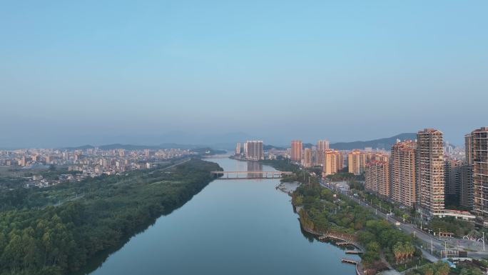 惠东县航拍西枝江河流两岸建筑风光