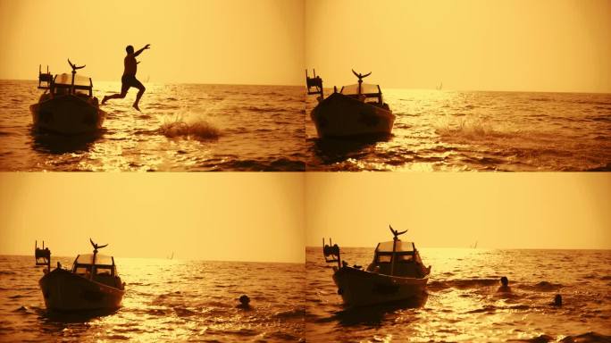 时间扭曲效果的剪影夫妇一起跳从船上到海水在日落