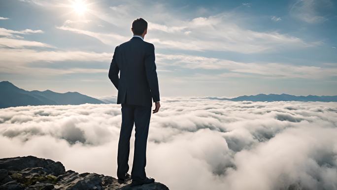 成功商务男士站在顶峰俯瞰云海