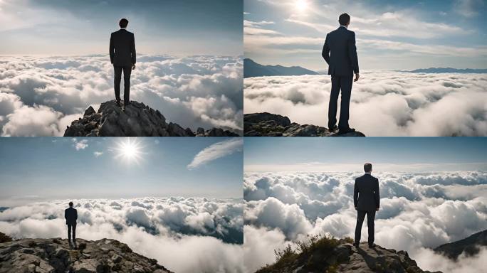 成功商务男士站在顶峰俯瞰云海
