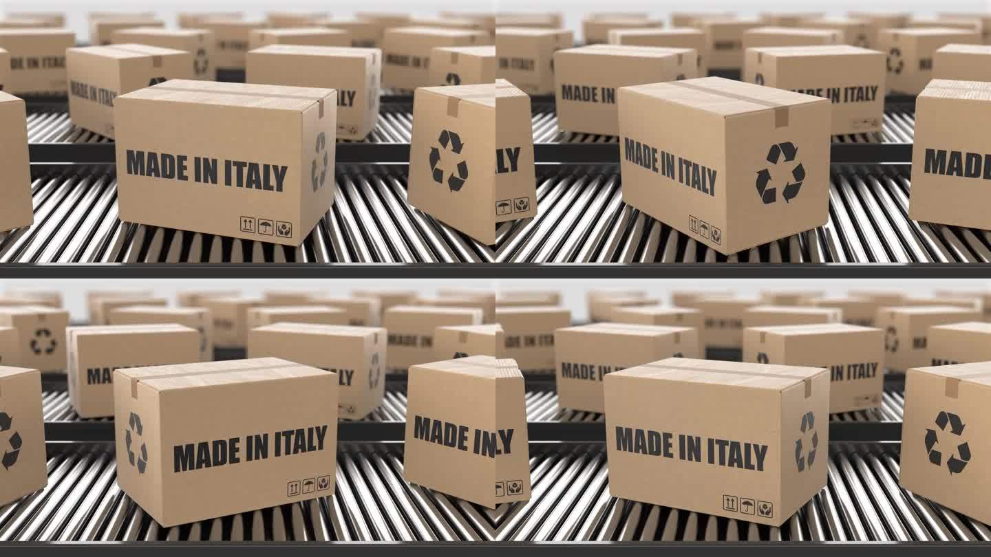带有意大利制造文字的纸板箱在滚筒输送机上。工厂生产线仓库。制造出口或交付概念。3D渲染动画。无缝循环