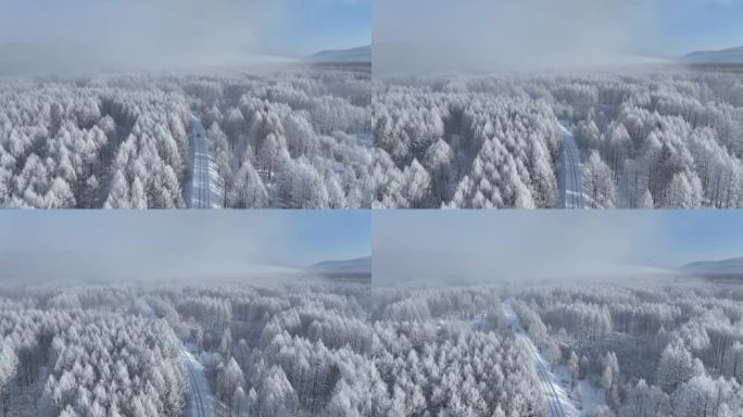 航拍林海雪原雪林和山路