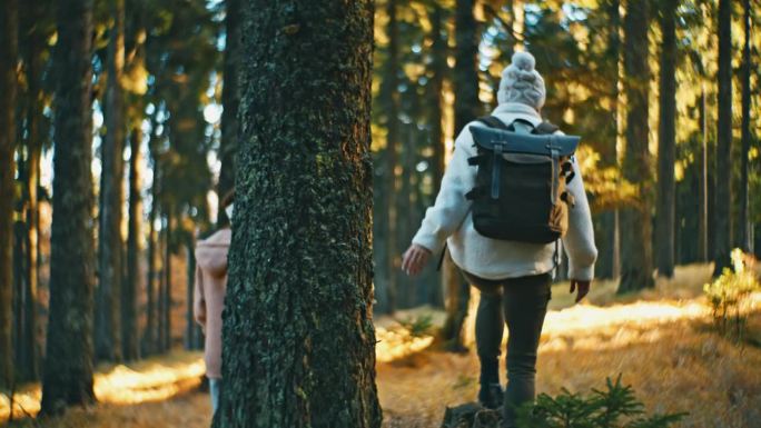 慢镜头的年轻女子在秋天的树林中徒步旅行