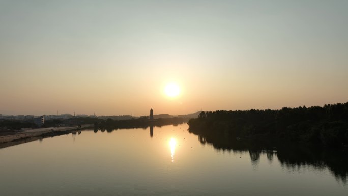 惠东县西枝江航拍青龙潭塔日落风景黄昏夕阳