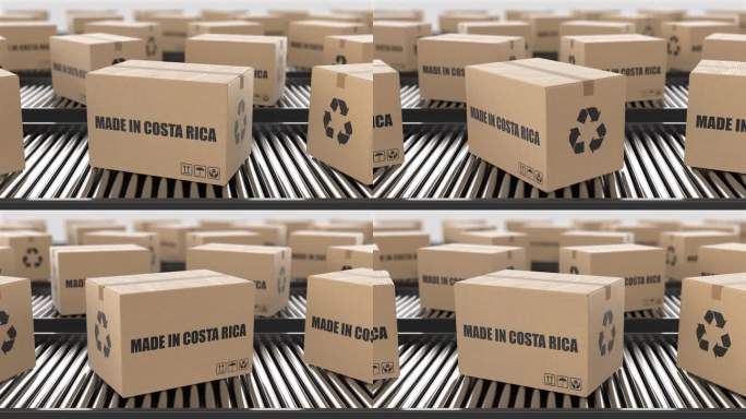 带有哥斯达黎加制造文字的纸箱在滚筒输送机上。工厂生产线仓库。制造出口或交付概念。3D渲染动画。无缝循