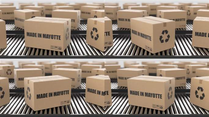 滚筒输送机上印有马约特制造字样的纸板箱。工厂生产线仓库。制造出口或交付概念。3D渲染动画。无缝循环
