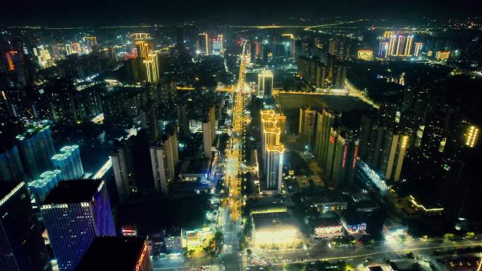 广东湛江城市夜景交通航拍