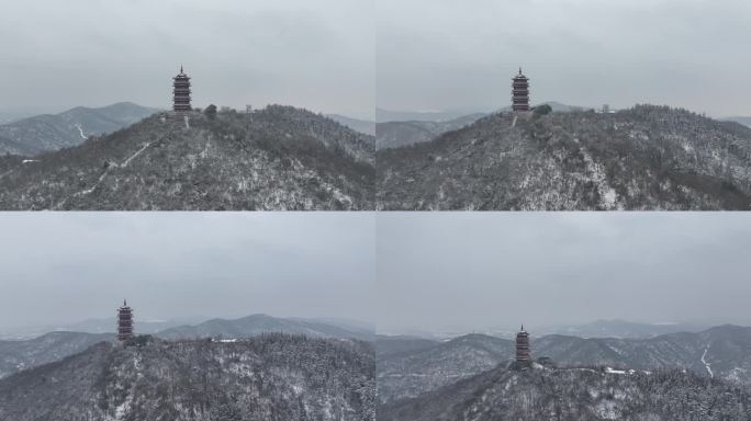 航拍襄阳古隆中风景区隆中山腾龙阁冬天雪景