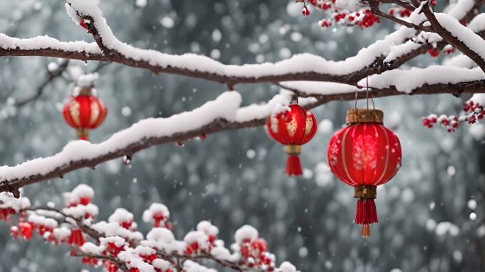 过年氛围红色灯笼积雪新年