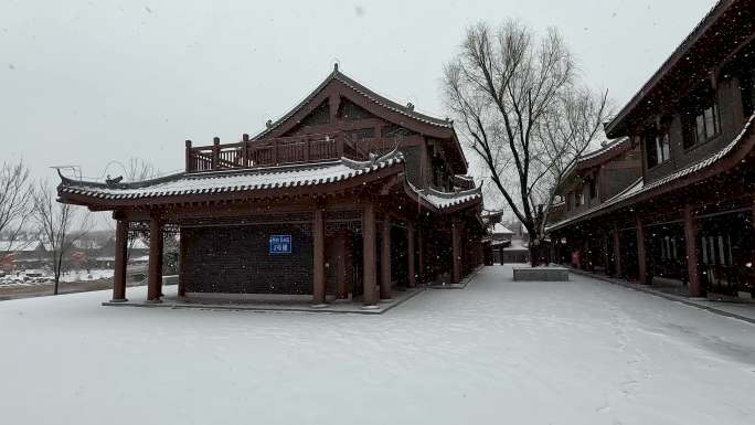 户外下雪公园古建筑空镜场景素材