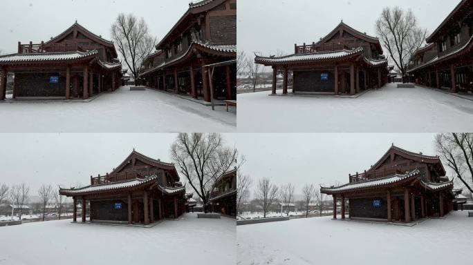 户外下雪公园古建筑空镜场景素材