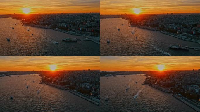 空中日落海上交响曲:日落时分航行在博斯普鲁斯海峡的船只#博斯普鲁斯航运#阳光海洋#伊斯坦布尔日落#历