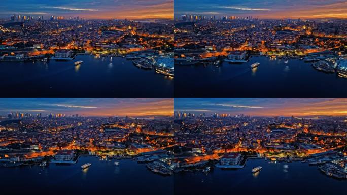 蓝色时刻的空中博斯普鲁斯海峡:探索黄昏时分伊斯坦布尔海岸线上隐藏的宝石#无人机发现#城市黄昏#伊斯坦