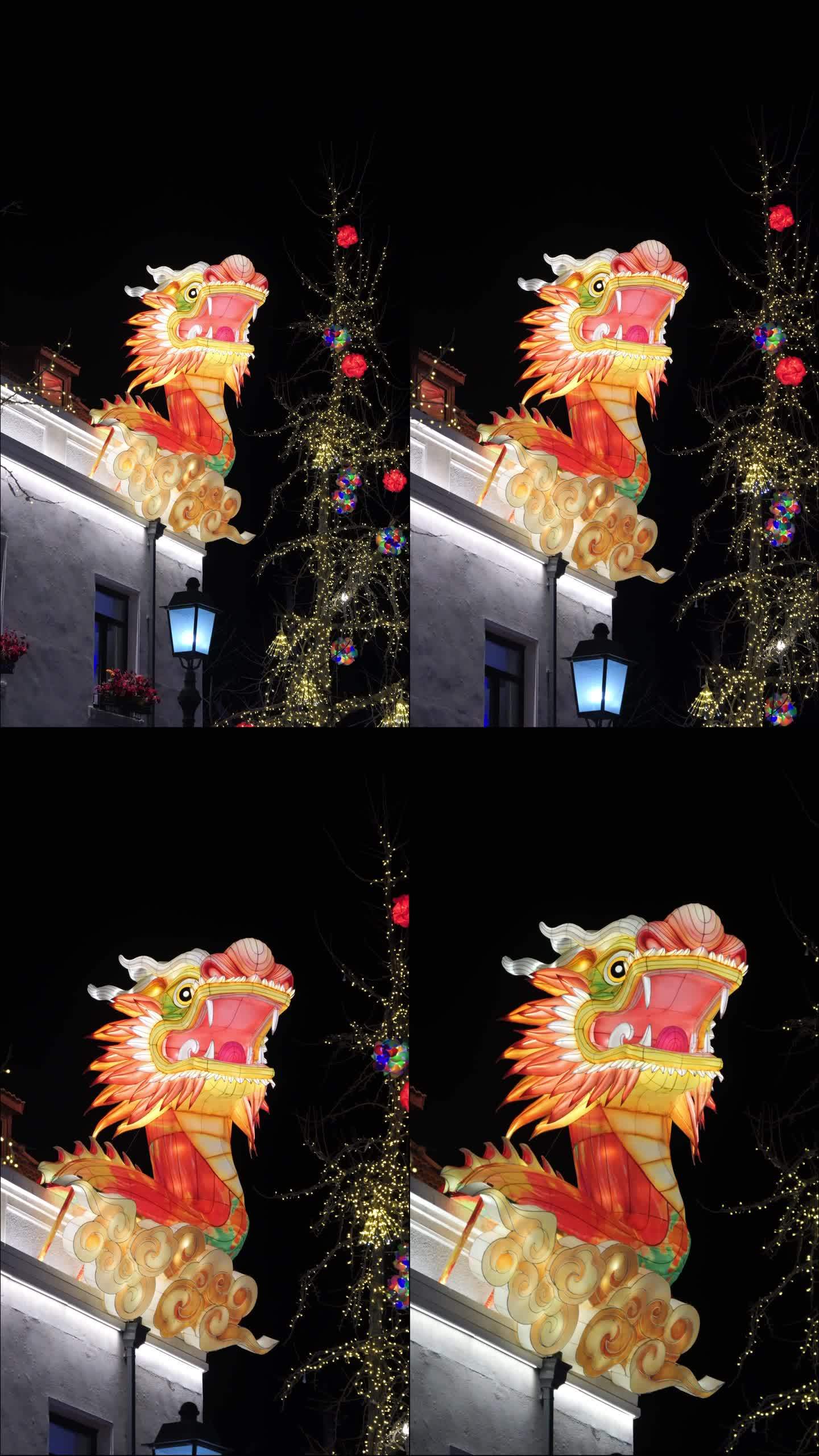 龙年春节，龙头浮雕造型灯特写,4k,竖屏