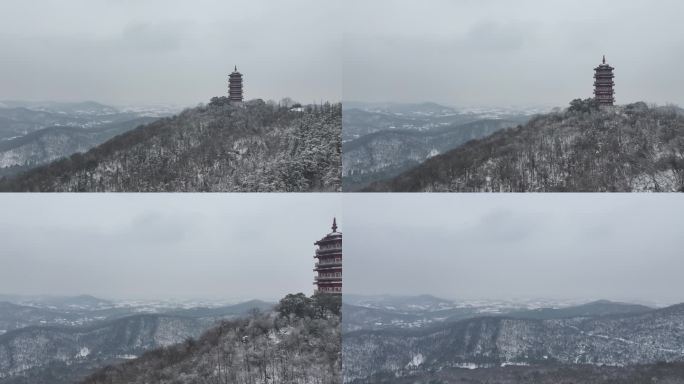 航拍襄阳古隆中风景区隆中山腾龙阁冬天雪景