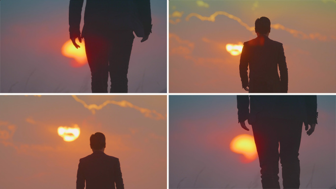 意境日落黄昏成功人士前行背影向阳前进突破