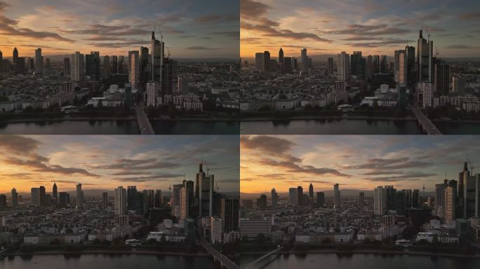 4K鸟瞰图实时拍摄的法兰克福美因天际线，尽管美因河，现代金融大楼和摩天大楼，德国大桥和欧洲中央银行，