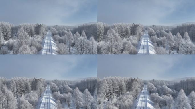 航拍林海雪原雪林和山路