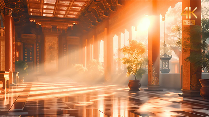 传统中国风宫殿 古代建筑阳光射进室内背景