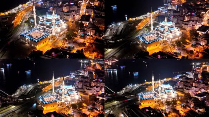航拍伊斯坦布尔的夜间交响曲:Yeni Cami清真寺照明#城市灯光#GoldenHornMagic 