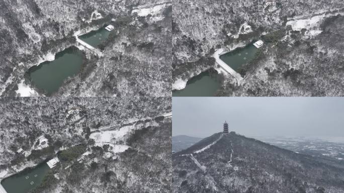 航拍襄阳古隆中风景区冬天雪景湖泊山水风光