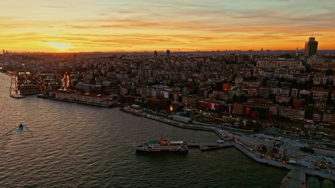 博斯普鲁斯海峡上空的空中日落宁静:从上面探索伊斯坦布尔海岸线上隐藏的宝石#无人机发现#城市黄昏#伊斯