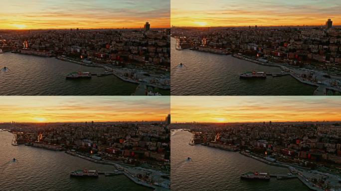 博斯普鲁斯海峡上空的空中日落宁静:从上面探索伊斯坦布尔海岸线上隐藏的宝石#无人机发现#城市黄昏#伊斯