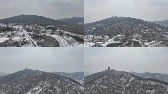 航拍襄阳古隆中风景区隆中山腾龙阁冬天雪景