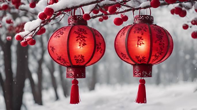 过年氛围红色灯笼积雪新年