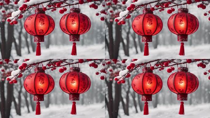 过年氛围红色灯笼积雪新年