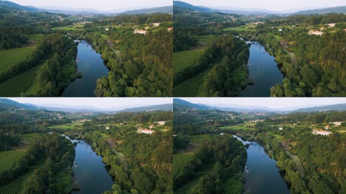 从葡萄牙的利马河和被绿树环绕的利马桥镇俯瞰