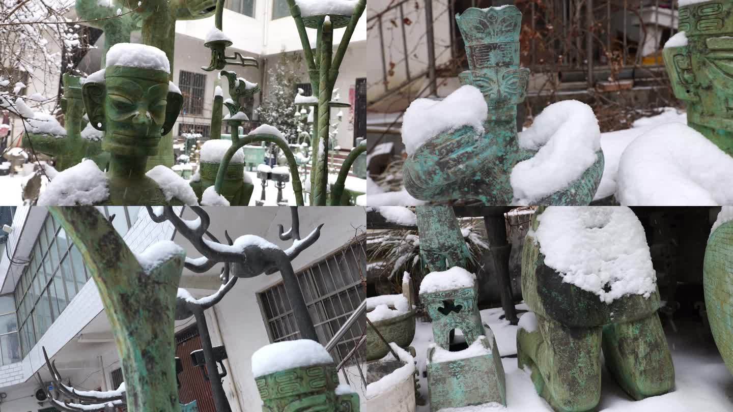 雪景中的仿制三星堆“青铜神像”